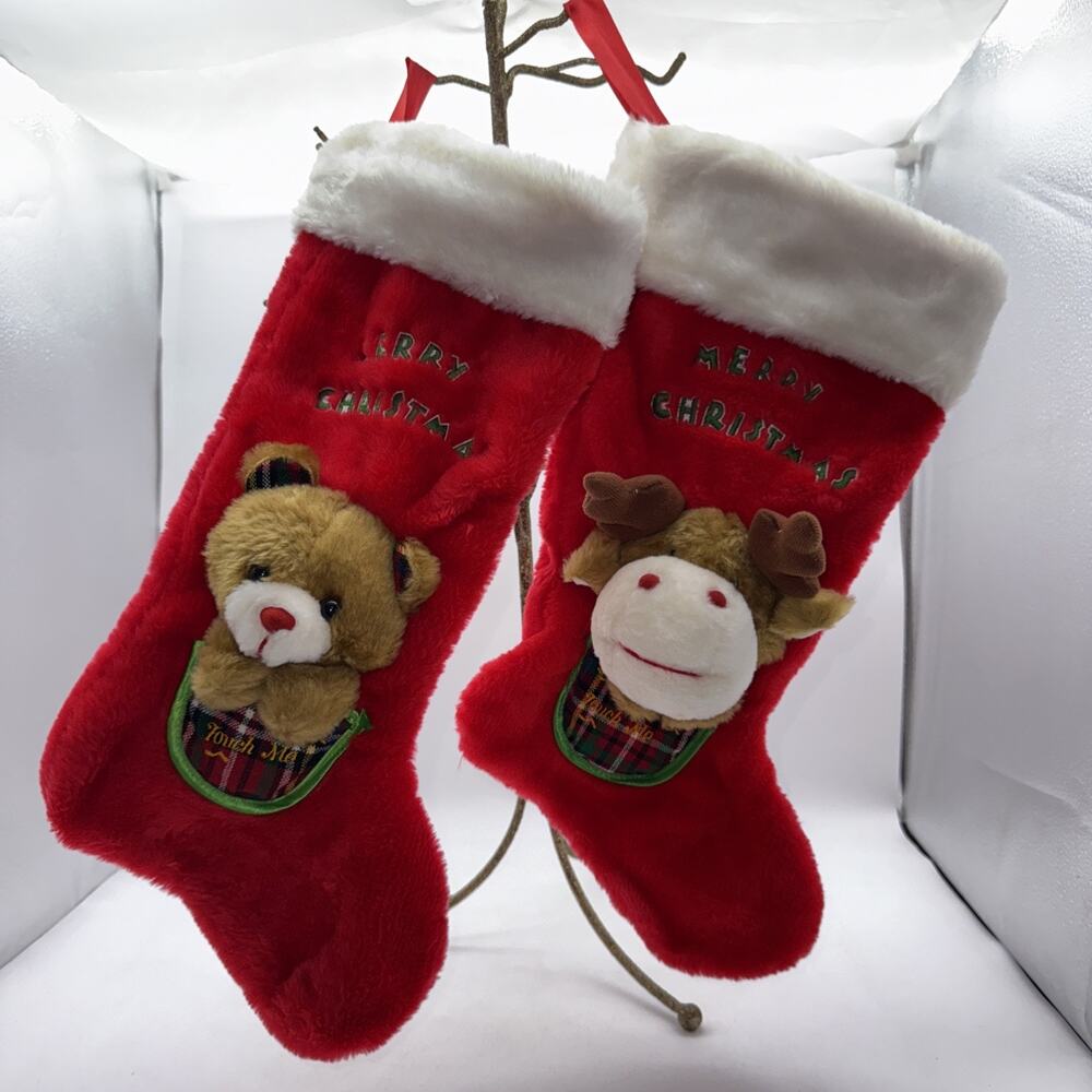 2 Vintage BayBerry Collection 3D Merry Christmas Reindeer Stocking Musical READ